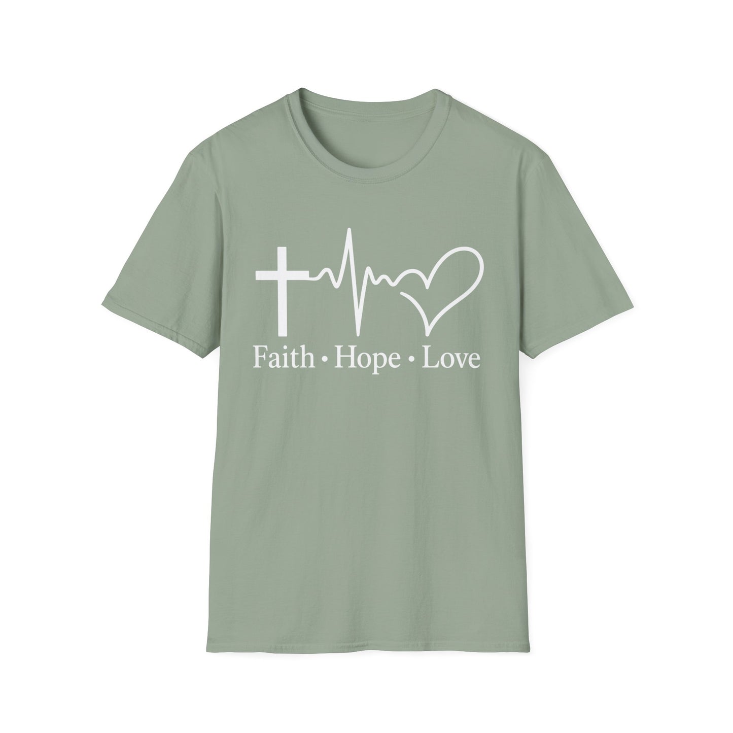 Faith Hope Love T-Shirt – Christian Cross, Heartbeat & Heart Graphic Tee