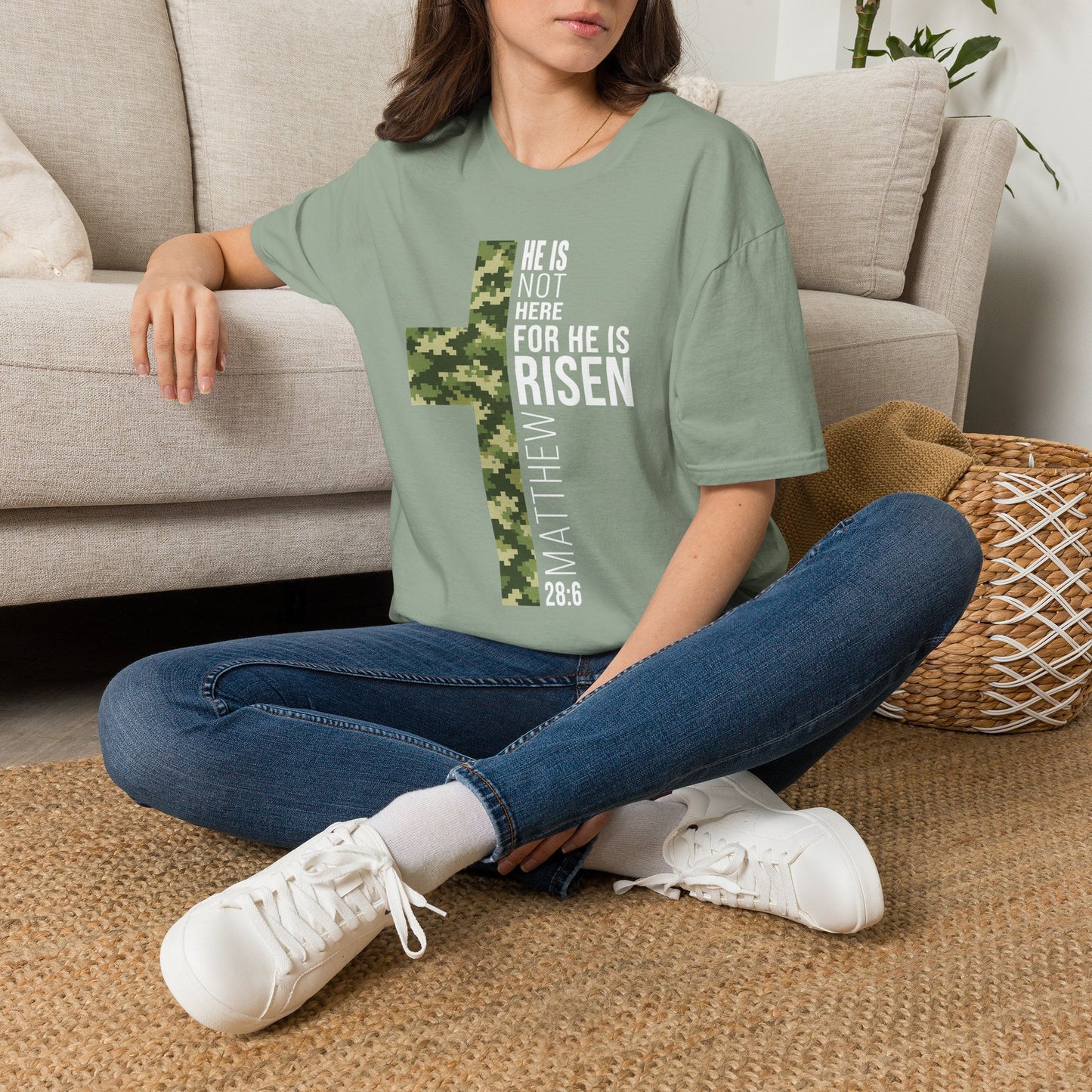 HE IS RISEN CAMO CROSS T-SHIRT