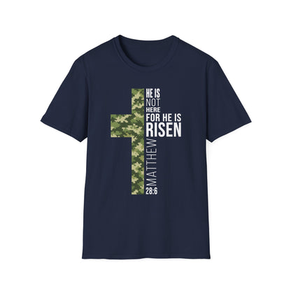 HE IS RISEN CAMO CROSS T-SHIRT