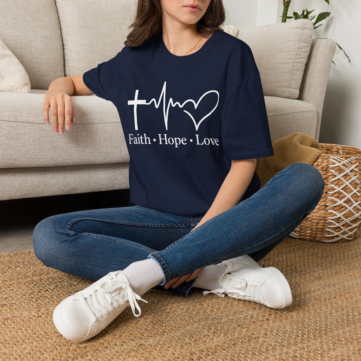 Faith Hope Love T-Shirt – Christian Cross, Heartbeat & Heart Graphic Tee