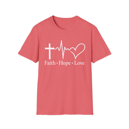 Faith Hope Love T-Shirt – Christian Cross, Heartbeat & Heart Graphic Tee