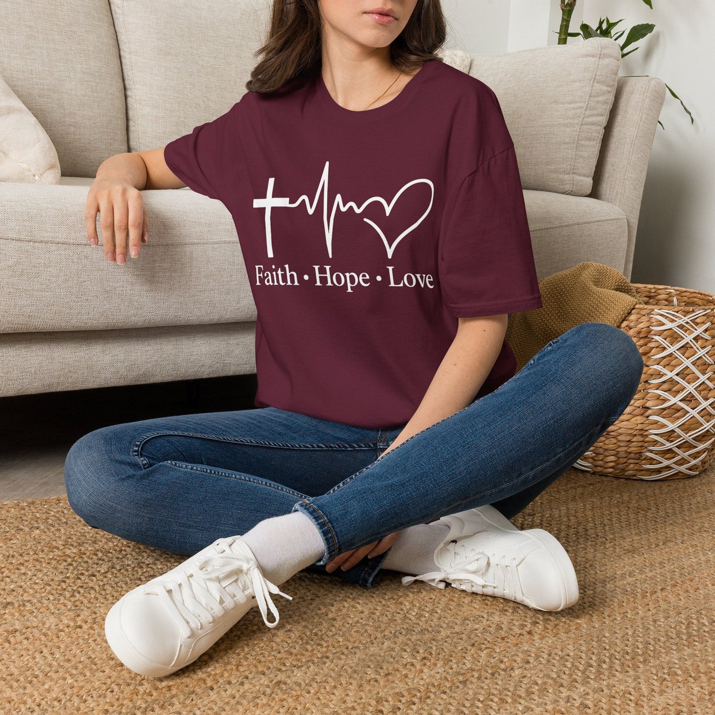 Faith Hope Love T-Shirt – Christian Cross, Heartbeat & Heart Graphic Tee