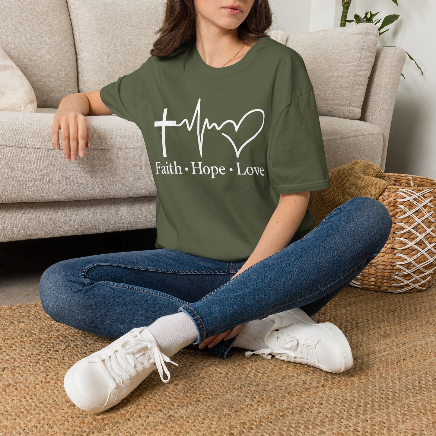 Faith Hope Love T-Shirt – Christian Cross, Heartbeat & Heart Graphic Tee