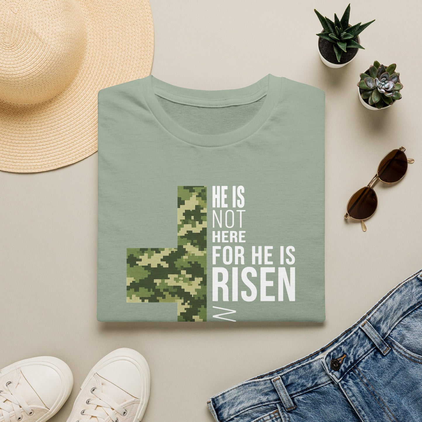 HE IS RISEN CAMO CROSS T-SHIRT