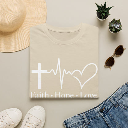 Faith Hope Love T-Shirt – Christian Cross, Heartbeat & Heart Graphic Tee