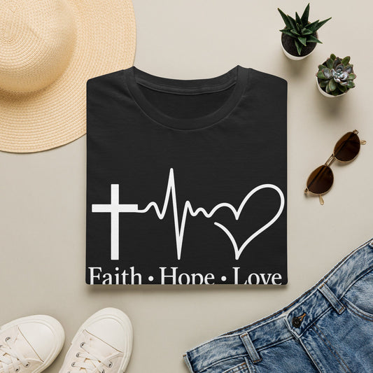 Faith Hope Love T-Shirt – Christian Cross, Heartbeat & Heart Graphic Tee