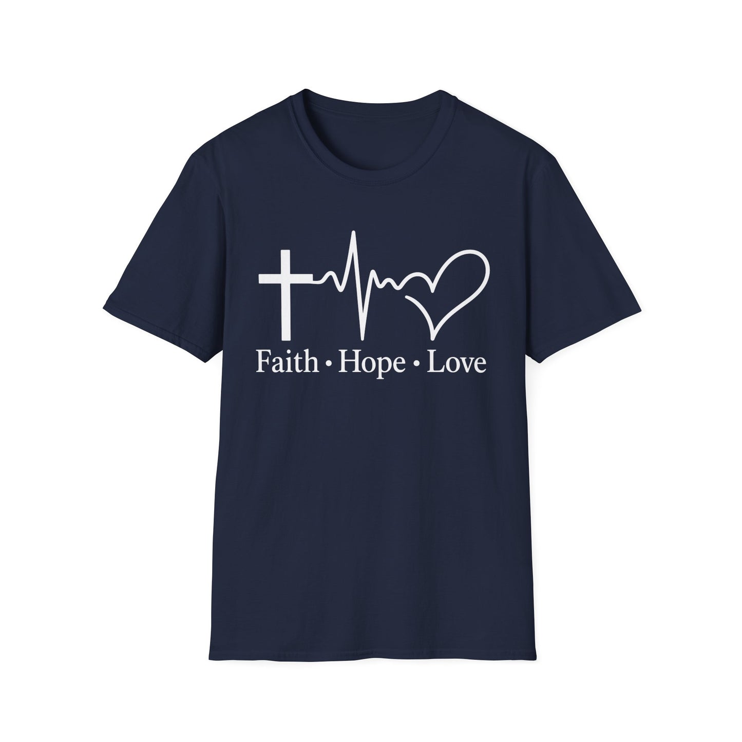 Faith Hope Love T-Shirt – Christian Cross, Heartbeat & Heart Graphic Tee