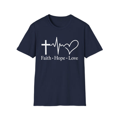Faith Hope Love T-Shirt – Christian Cross, Heartbeat & Heart Graphic Tee
