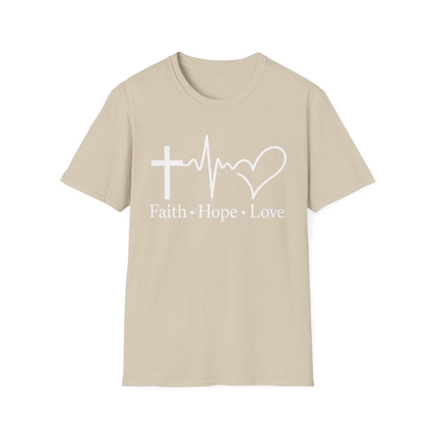 Faith Hope Love T-Shirt – Christian Cross, Heartbeat & Heart Graphic Tee