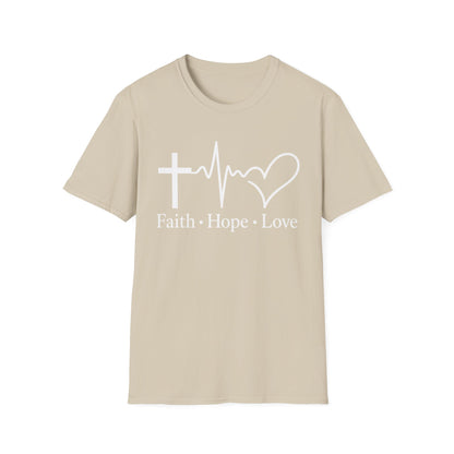 Faith Hope Love T-Shirt – Christian Cross, Heartbeat & Heart Graphic Tee