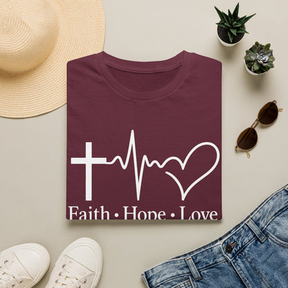 Faith Hope Love T-Shirt – Christian Cross, Heartbeat & Heart Graphic Tee