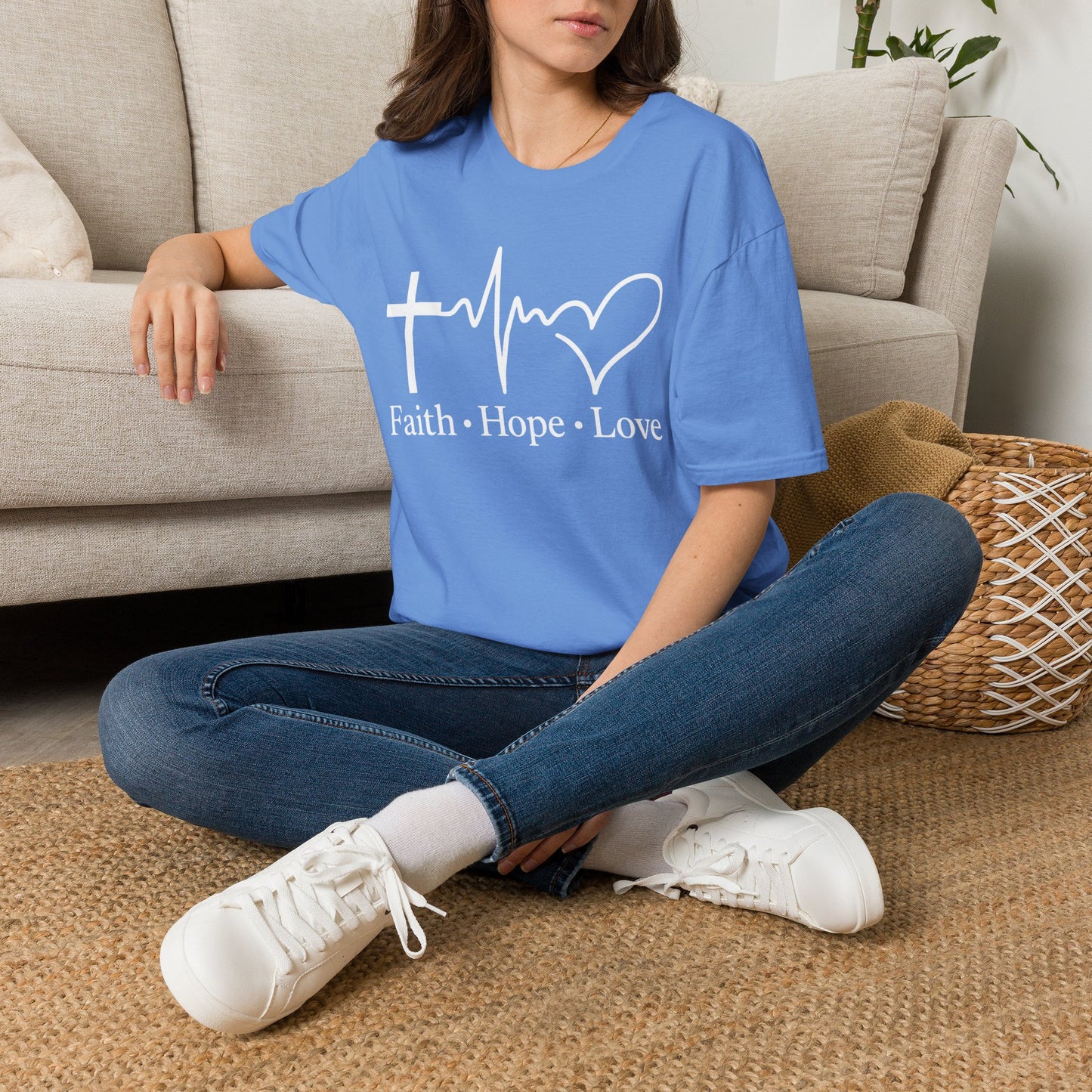 Faith Hope Love T-Shirt – Christian Cross, Heartbeat & Heart Graphic Tee