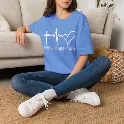 Faith Hope Love T-Shirt – Christian Cross, Heartbeat & Heart Graphic Tee