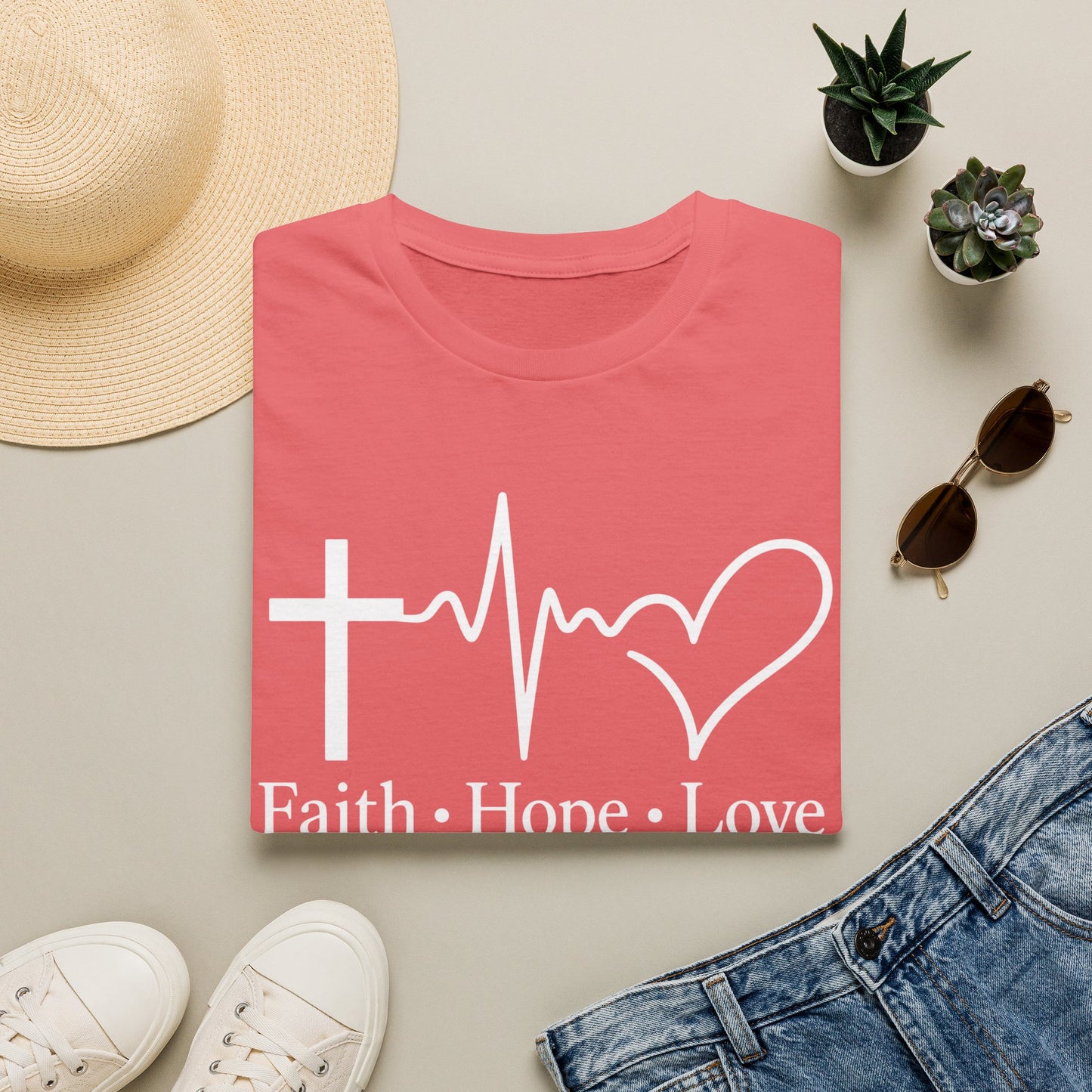 Faith Hope Love T-Shirt – Christian Cross, Heartbeat & Heart Graphic Tee