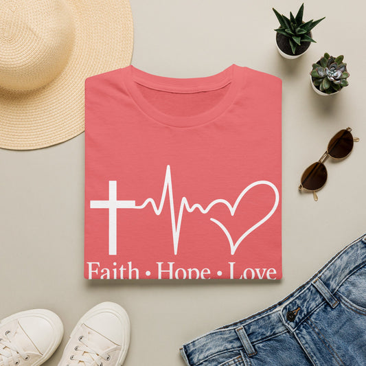 Faith Hope Love T-Shirt – Christian Cross, Heartbeat & Heart Graphic Tee