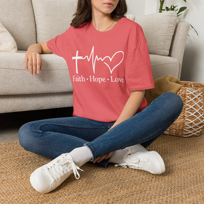 Faith Hope Love T-Shirt – Christian Cross, Heartbeat & Heart Graphic Tee
