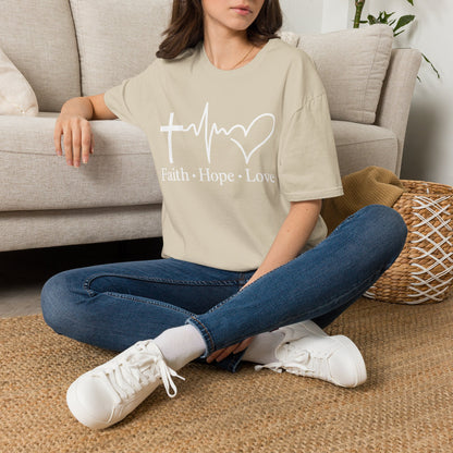 Faith Hope Love T-Shirt – Christian Cross, Heartbeat & Heart Graphic Tee