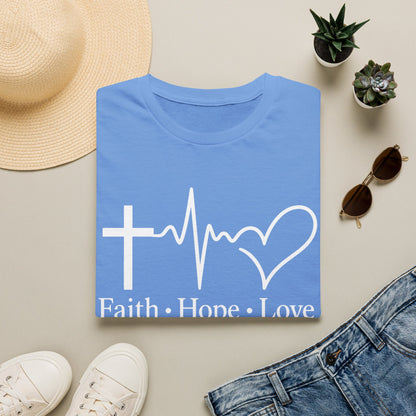 Faith Hope Love T-Shirt – Christian Cross, Heartbeat & Heart Graphic Tee