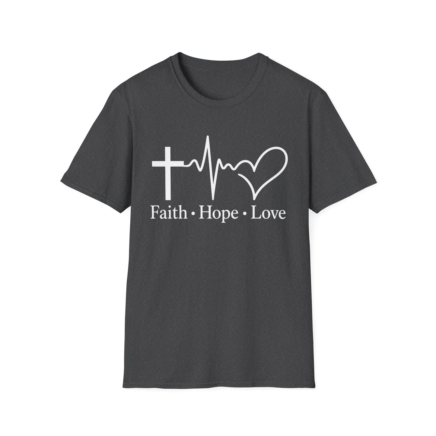 Faith Hope Love T-Shirt – Christian Cross, Heartbeat & Heart Graphic Tee