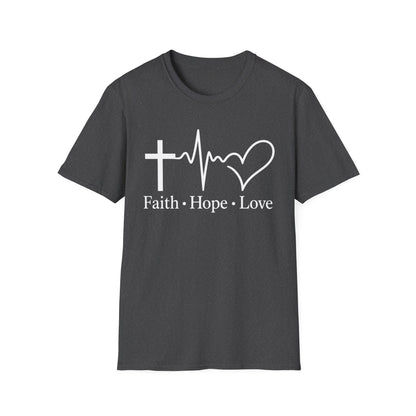 Faith Hope Love T-Shirt – Christian Cross, Heartbeat & Heart Graphic Tee