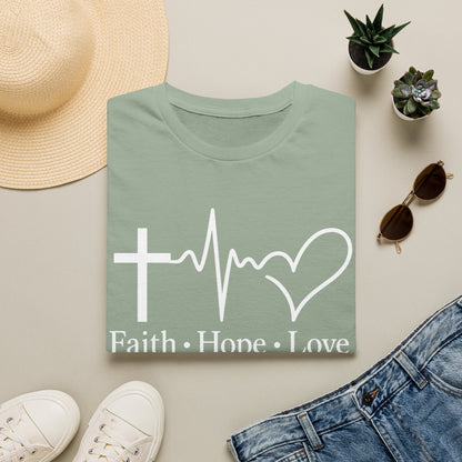 Faith Hope Love T-Shirt – Christian Cross, Heartbeat & Heart Graphic Tee