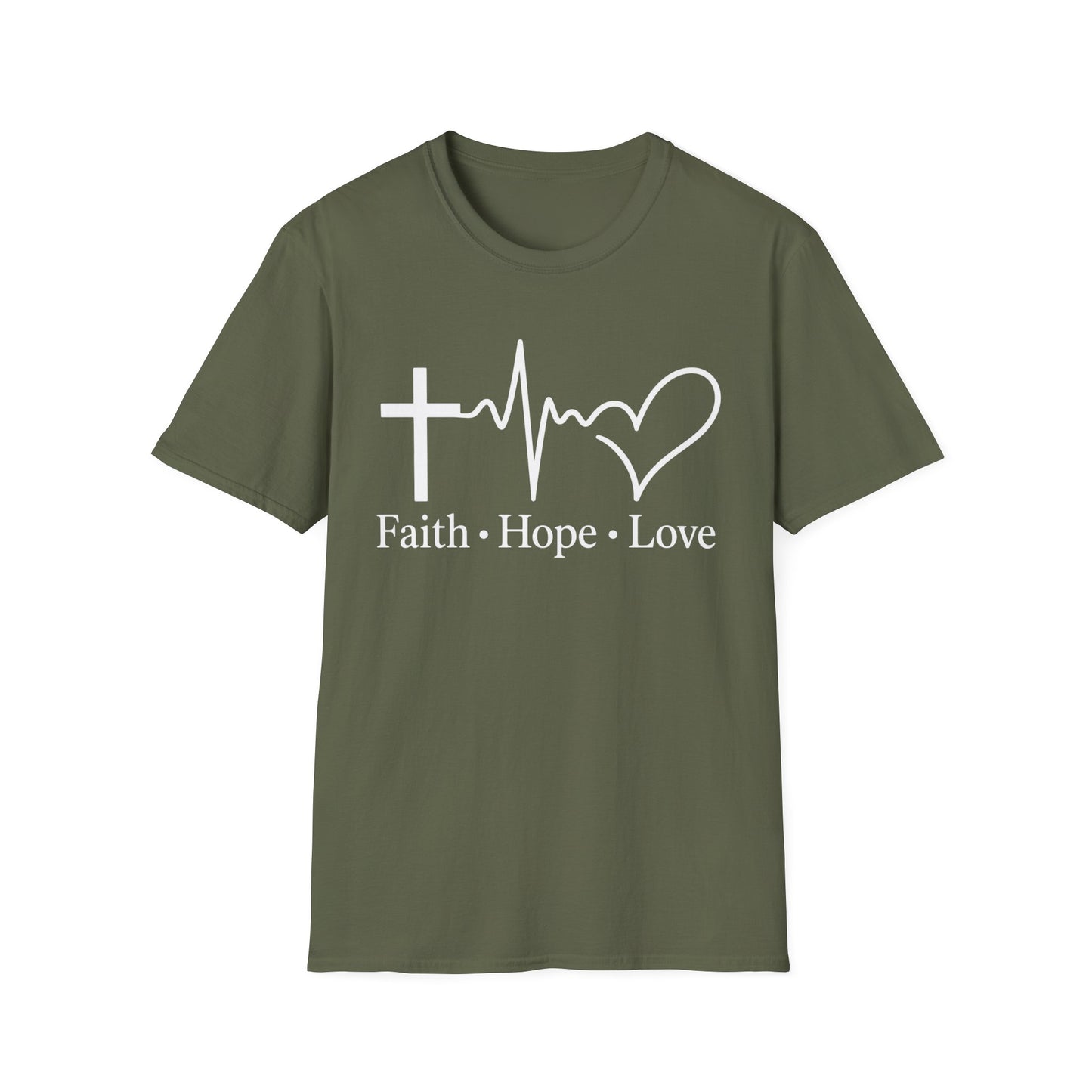 Faith Hope Love T-Shirt – Christian Cross, Heartbeat & Heart Graphic Tee