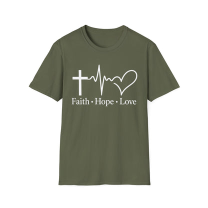 Faith Hope Love T-Shirt – Christian Cross, Heartbeat & Heart Graphic Tee