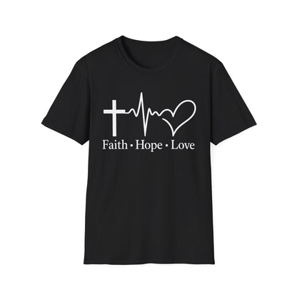 Faith Hope Love T-Shirt – Christian Cross, Heartbeat & Heart Graphic Tee