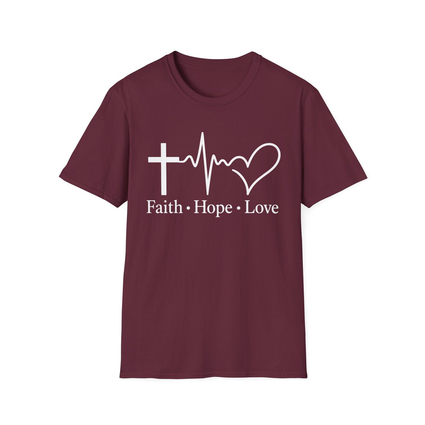 Faith Hope Love T-Shirt – Christian Cross, Heartbeat & Heart Graphic Tee