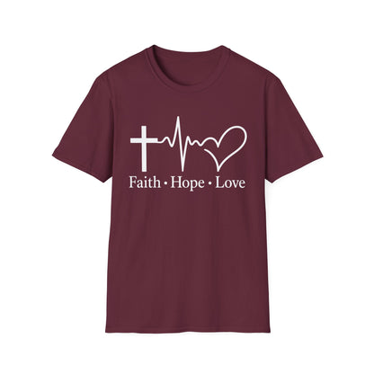 Faith Hope Love T-Shirt – Christian Cross, Heartbeat & Heart Graphic Tee