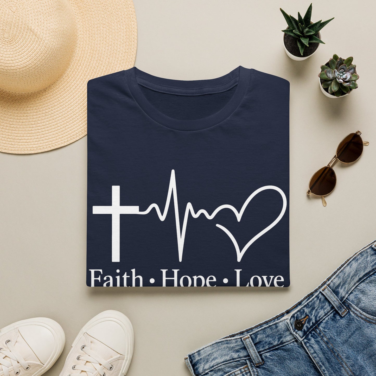 Faith Hope Love T-Shirt – Christian Cross, Heartbeat & Heart Graphic Tee