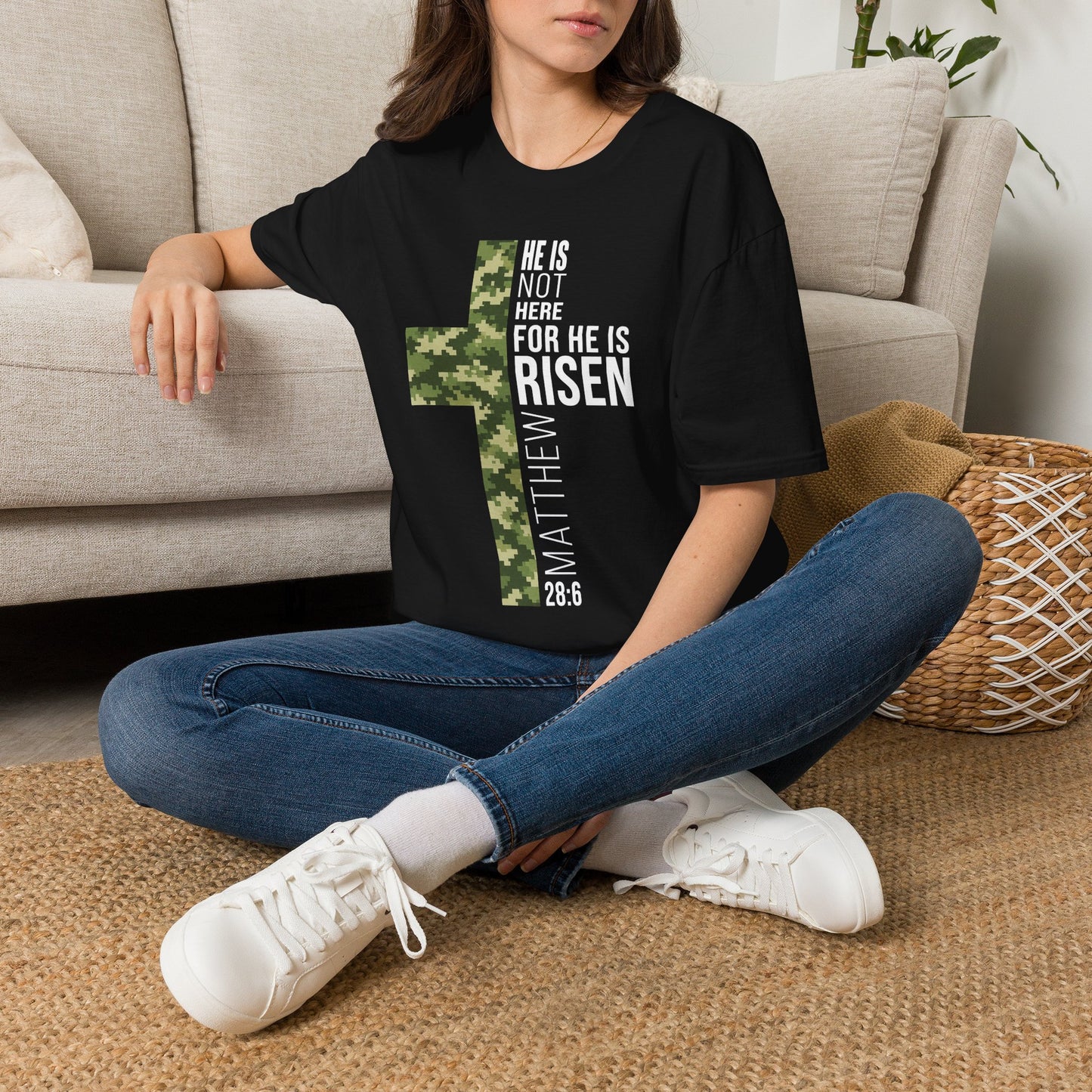 HE IS RISEN CAMO CROSS T-SHIRT