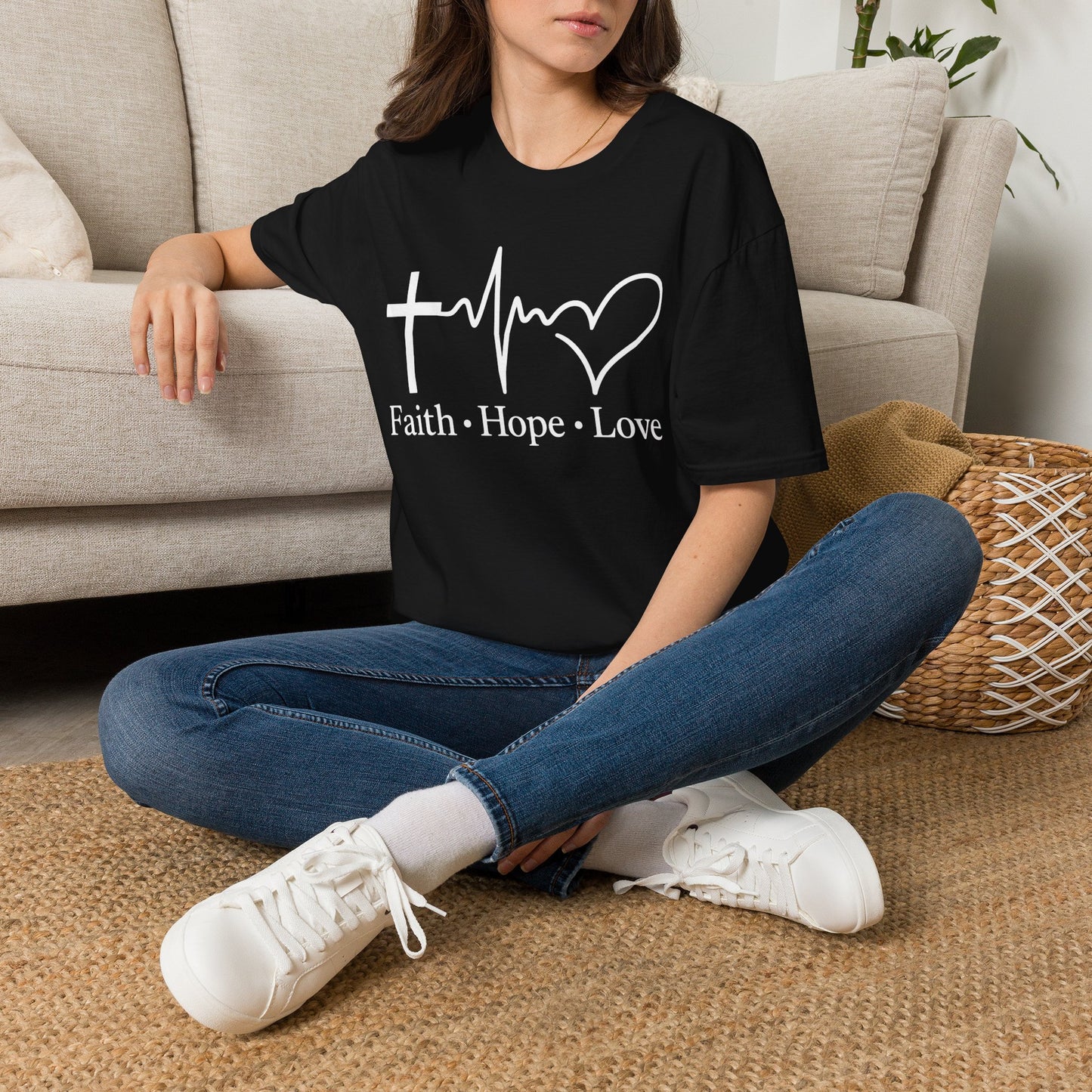 Faith Hope Love T-Shirt – Christian Cross, Heartbeat & Heart Graphic Tee