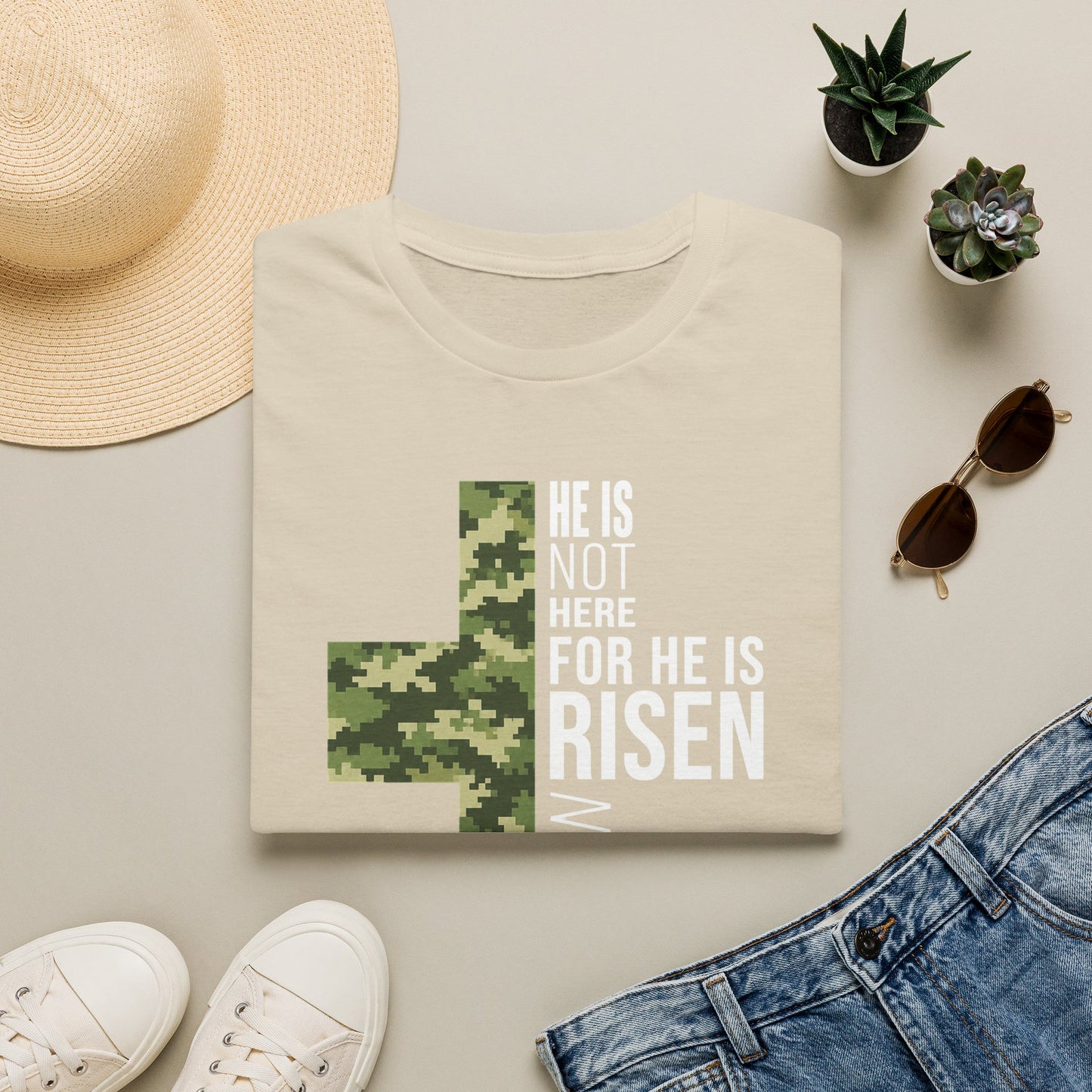 HE IS RISEN CAMO CROSS T-SHIRT