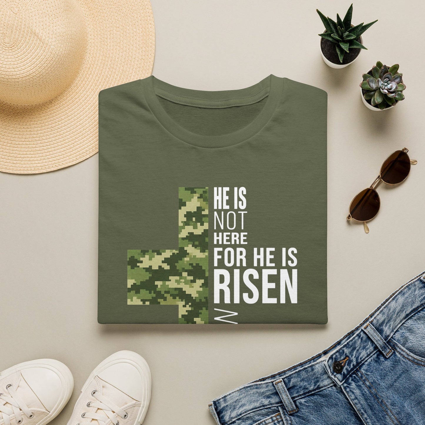 HE IS RISEN CAMO CROSS T-SHIRT