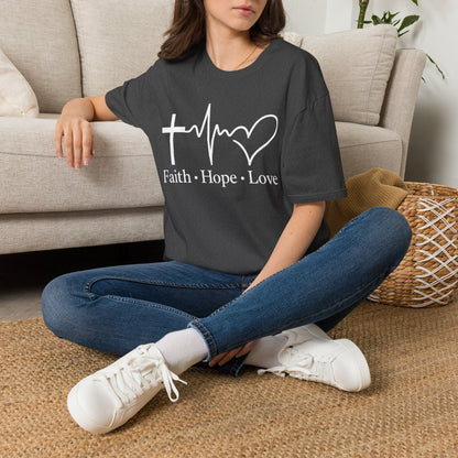 Faith Hope Love T-Shirt – Christian Cross, Heartbeat & Heart Graphic Tee