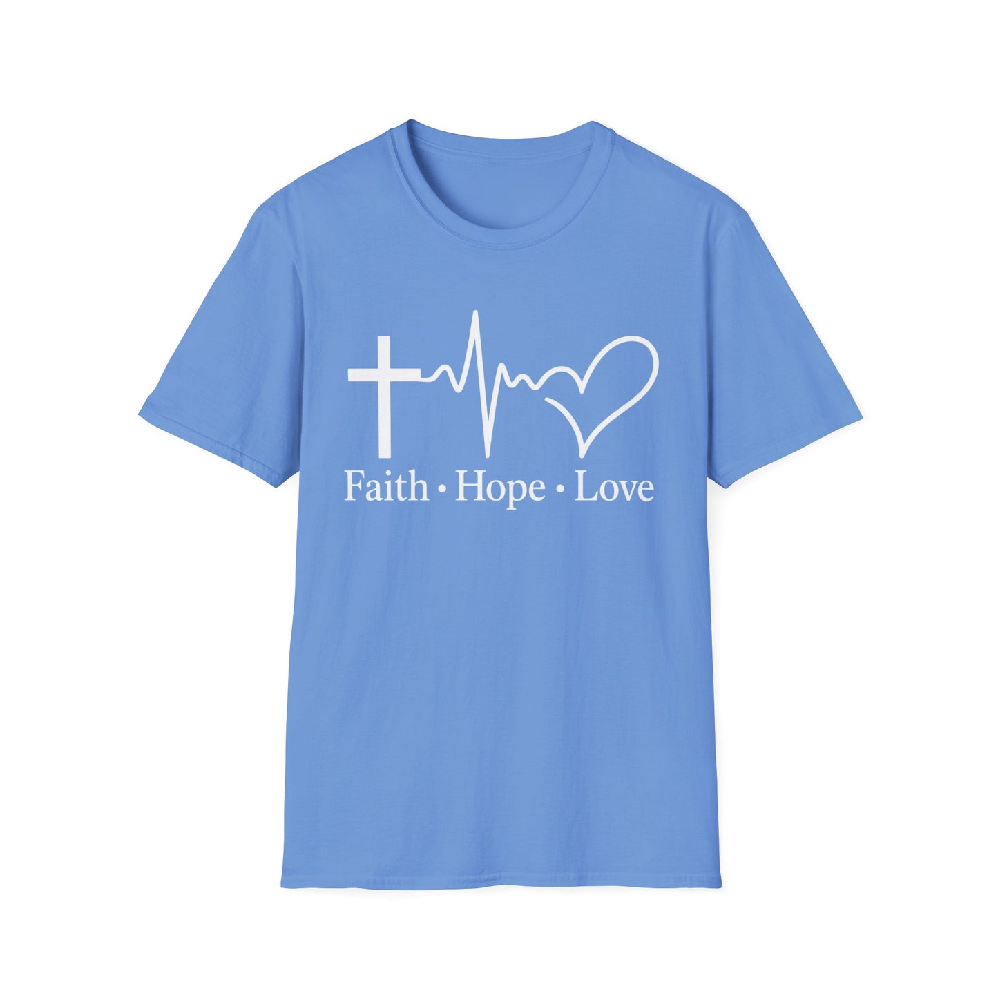 Faith Hope Love T-Shirt – Christian Cross, Heartbeat & Heart Graphic Tee