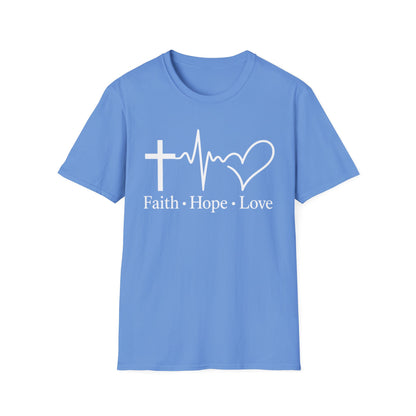 Faith Hope Love T-Shirt – Christian Cross, Heartbeat & Heart Graphic Tee