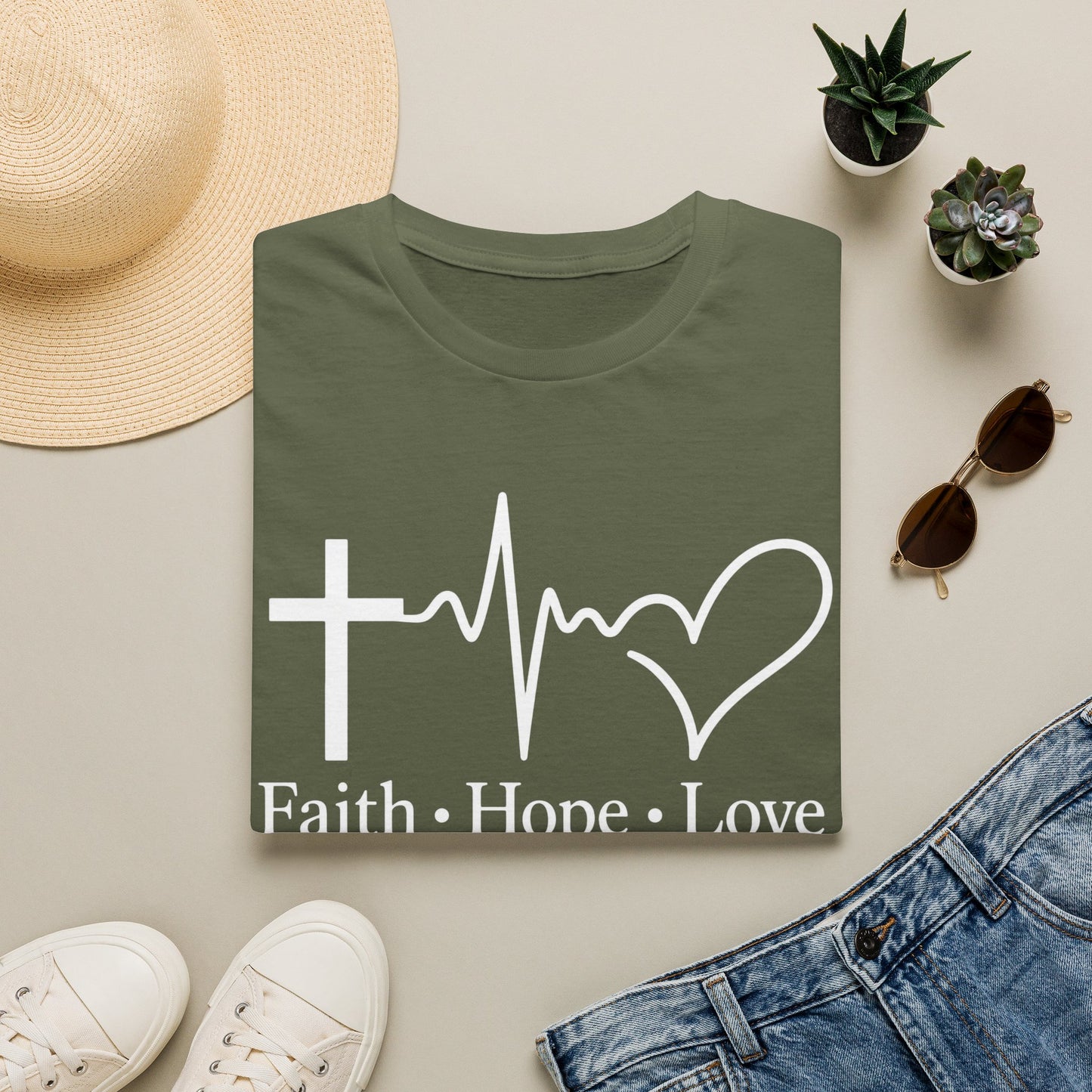 Faith Hope Love T-Shirt – Christian Cross, Heartbeat & Heart Graphic Tee