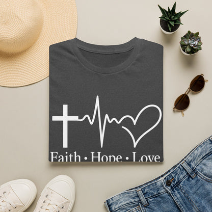 Faith Hope Love T-Shirt – Christian Cross, Heartbeat & Heart Graphic Tee