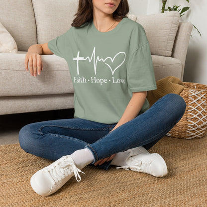 Faith Hope Love T-Shirt – Christian Cross, Heartbeat & Heart Graphic Tee