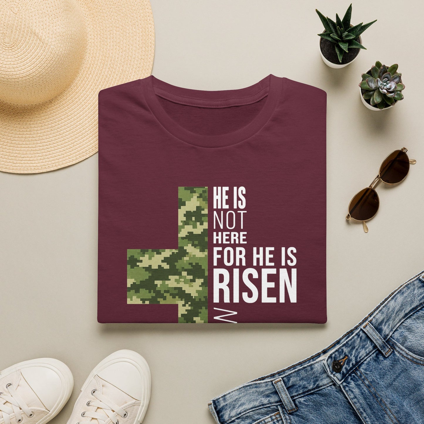 HE IS RISEN CAMO CROSS T-SHIRT