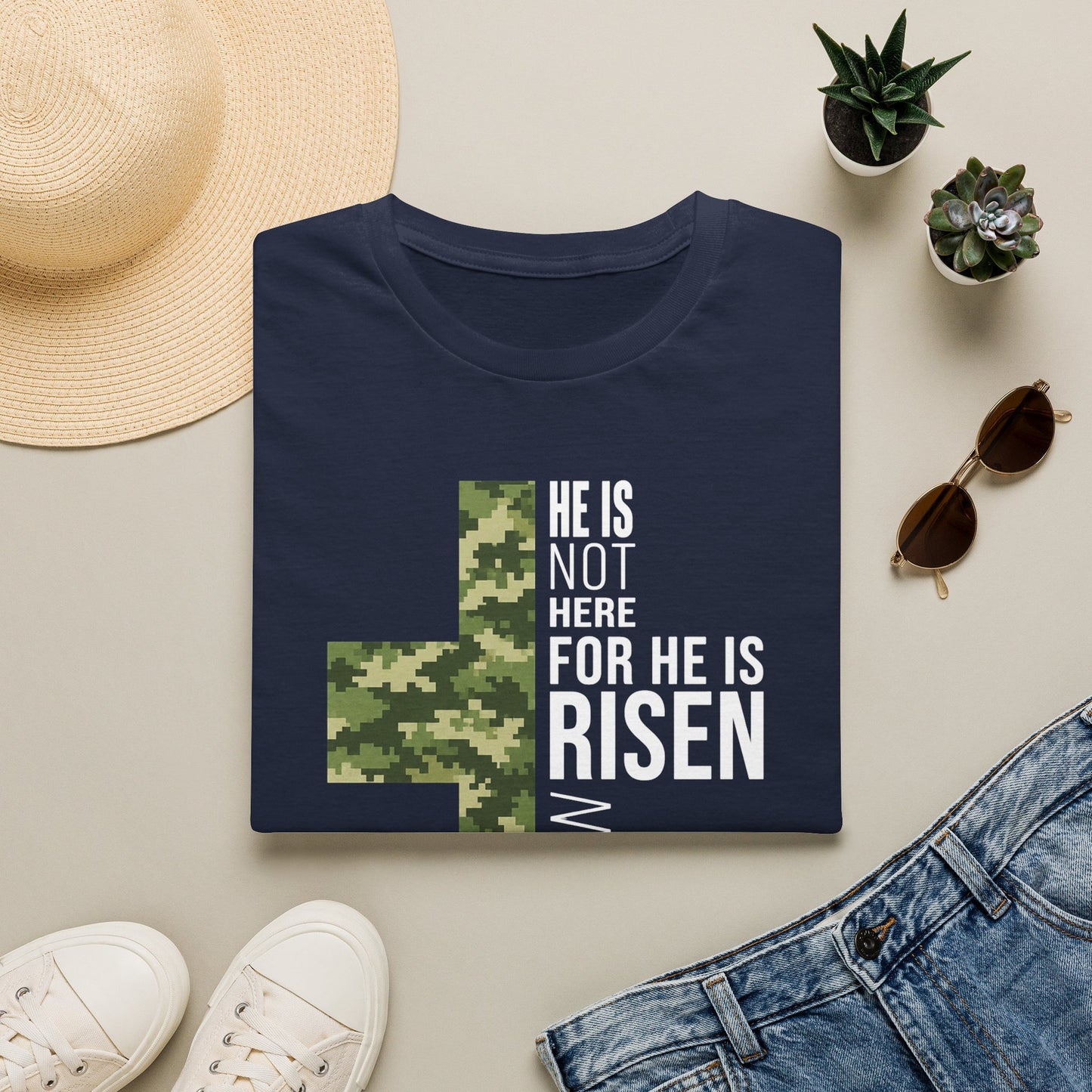 HE IS RISEN CAMO CROSS T-SHIRT